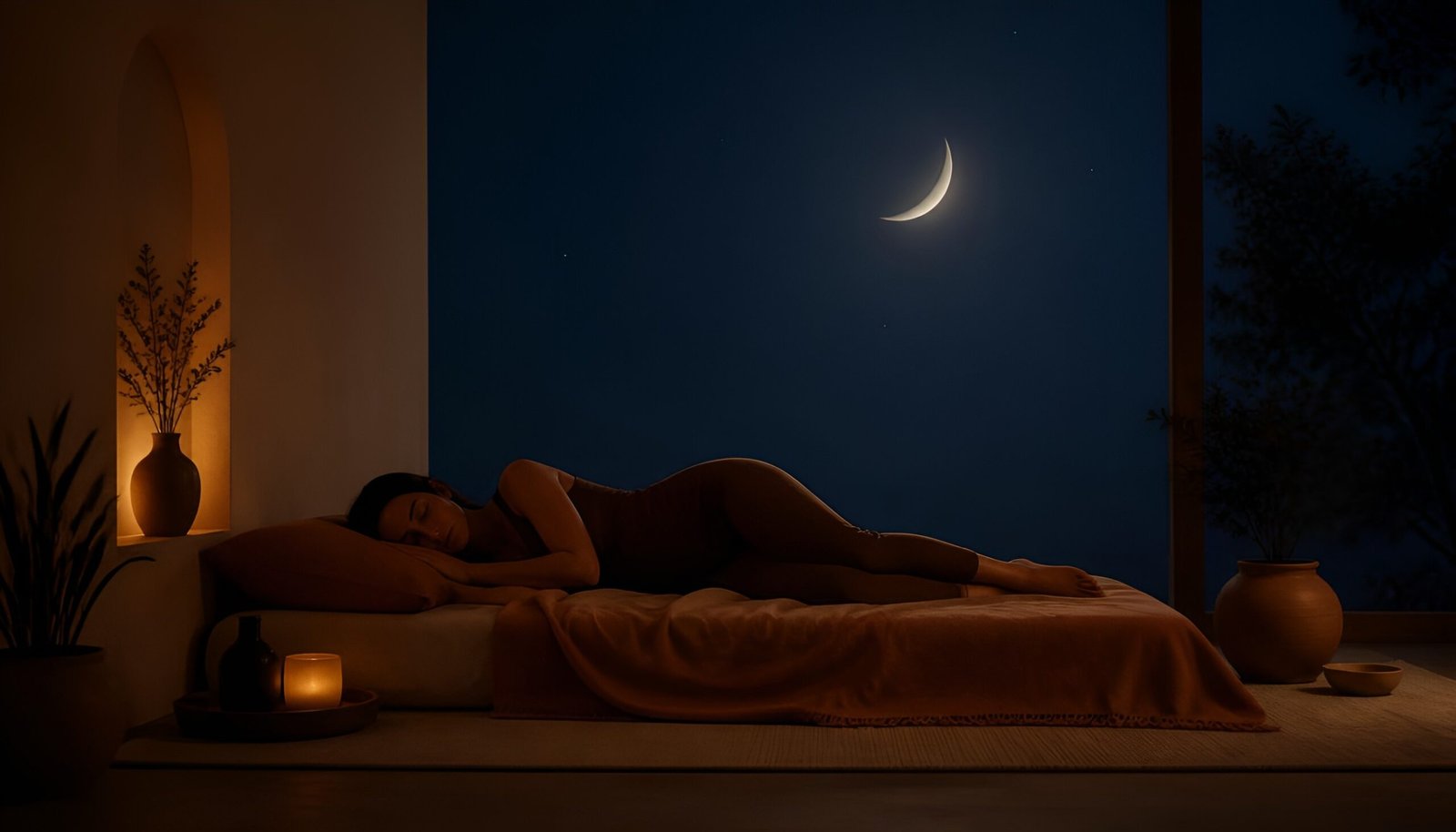person sleeping peacefully under a crescent moon - Buddhist technique for when you can't sleep at night