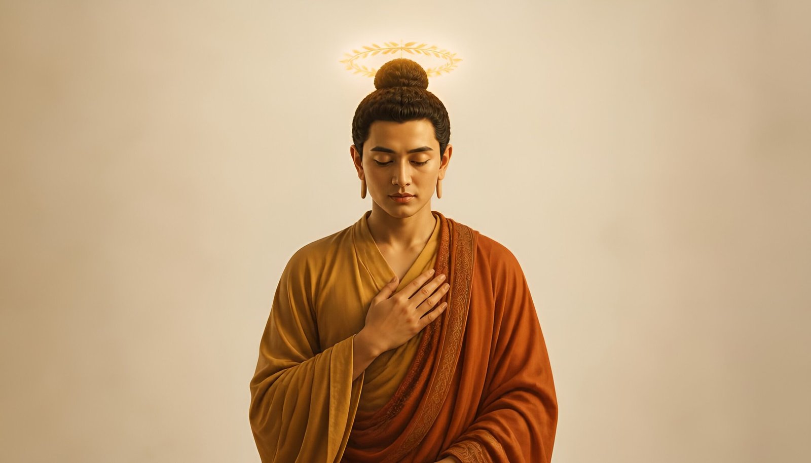 Figure standing calmly with hand on chest, faint light crown above - Buddha's teaching that he who conquers himself is the noblest victor