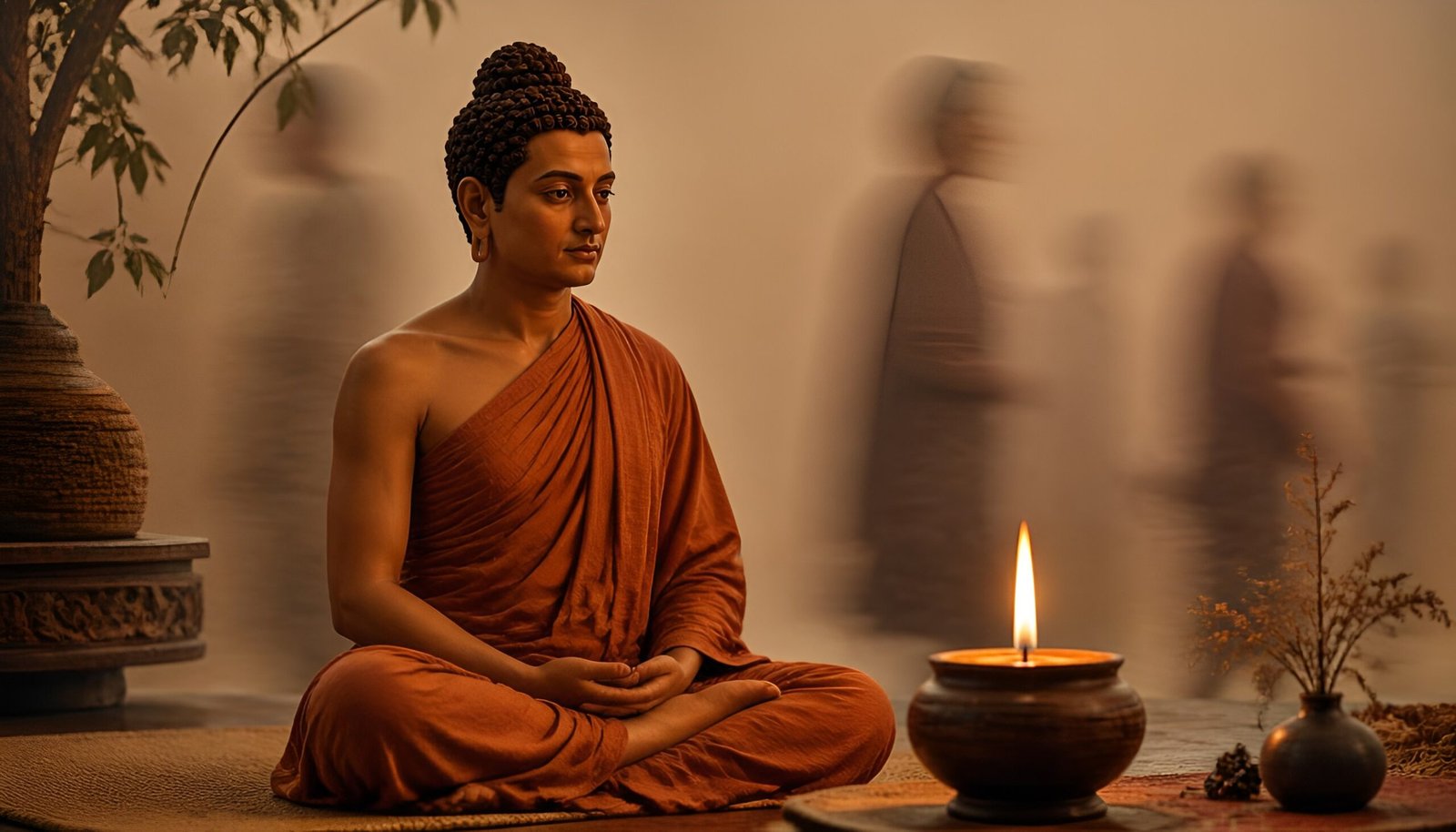 Figure present and aware beside a steady flame, blurred figures passing by - Buddha's teaching on heedfulness