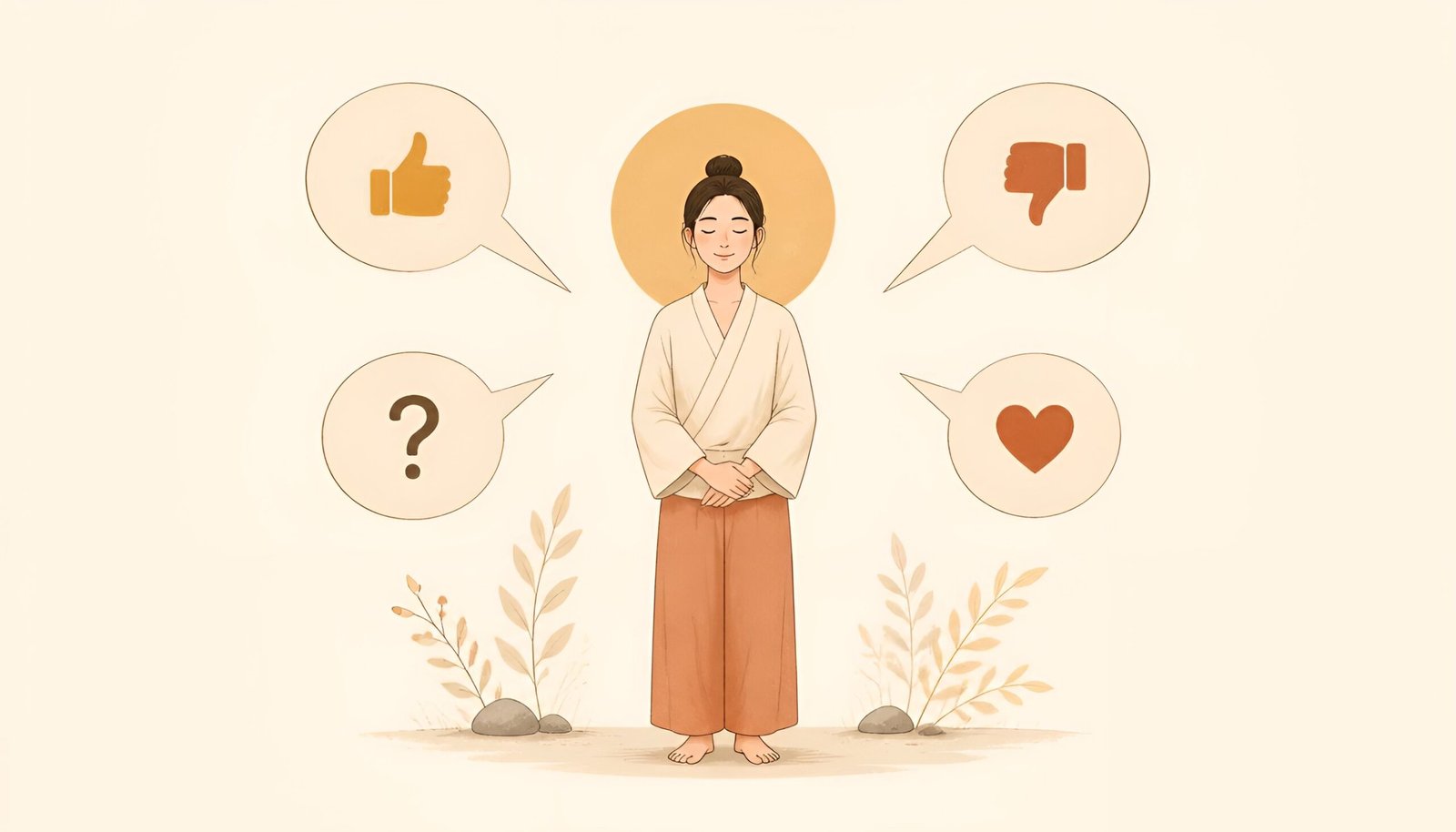 A calm figure surrounded by mixed reactions - Buddha's teaching that no one escapes blame