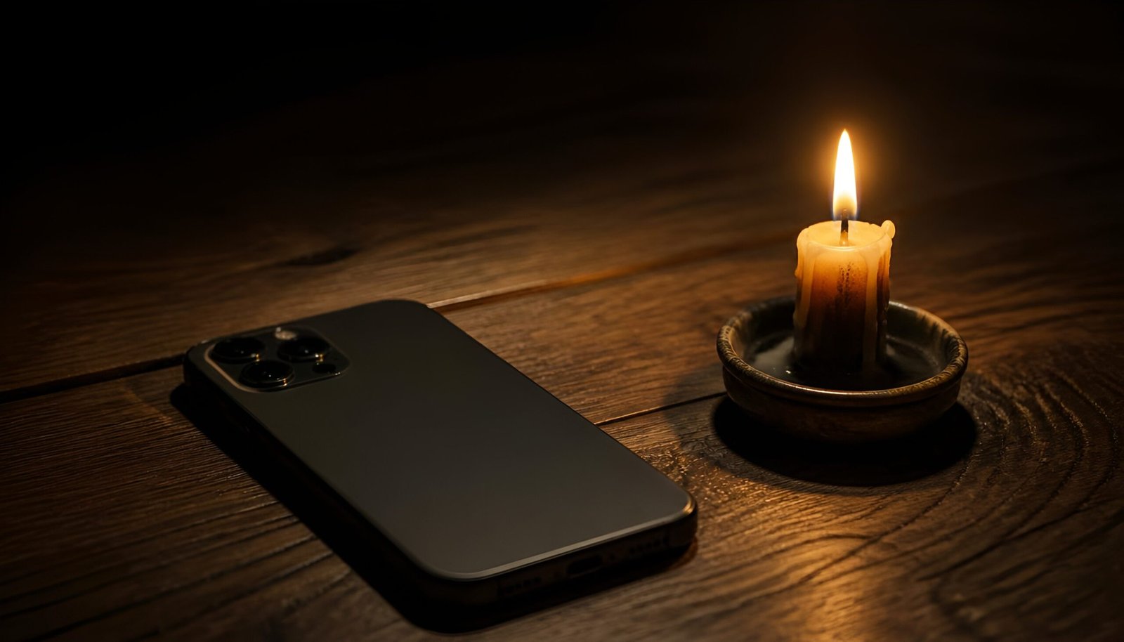 Smartphone face down beside a candle - Buddha's teaching on screen time and inner peace